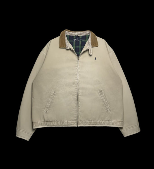 Jaqueta bege de sarja vintage Ralph Lauren 90s com gola de veludo cotelê e forro xadrez. Logo do pônei bordado no peito.