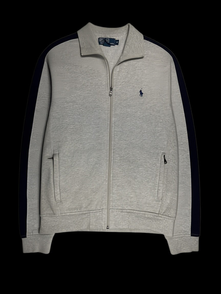 Jaqueta Ralph Lauren cinza com zíper e detalhes laterais pretos, disponível na garimpo do madruga, tamanho M.
