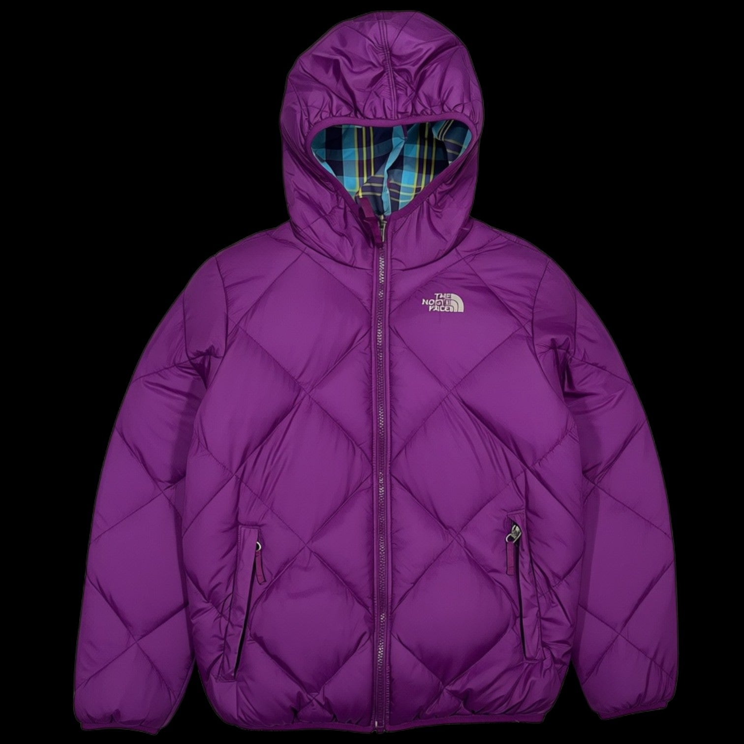 Jaqueta The North Face Dupla Face roxa com capuz e forro xadrez, tamanho P, vendida por garimpo do madruga