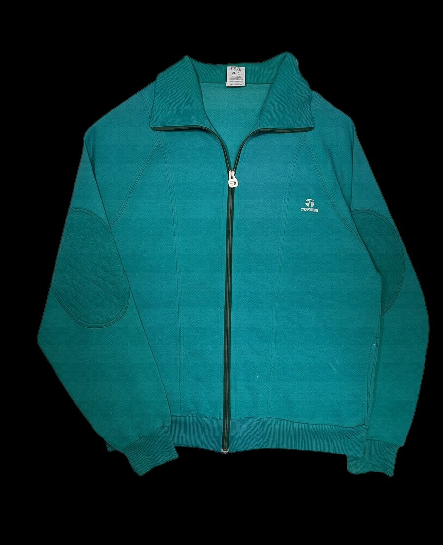 Jaqueta vintage Topper 90s verde petróleo com zíper, gola alta e detalhes acolchoados nos cotovelos, garimpo do madruga