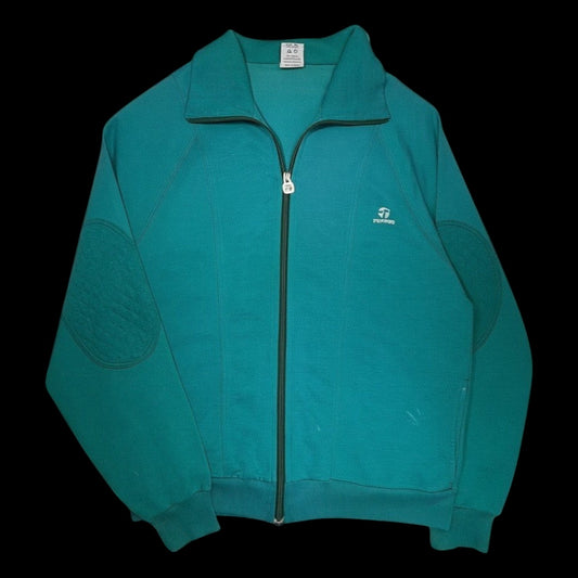 Jaqueta vintage Topper 90s verde petróleo com zíper, gola alta e detalhes acolchoados nos cotovelos, garimpo do madruga