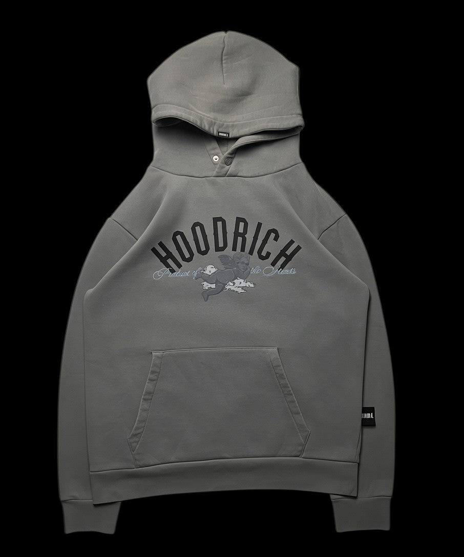 Moletom cinza da Hoodrich com estampa de anjo e nuvens, tamanho G, da garimpo do madruga.