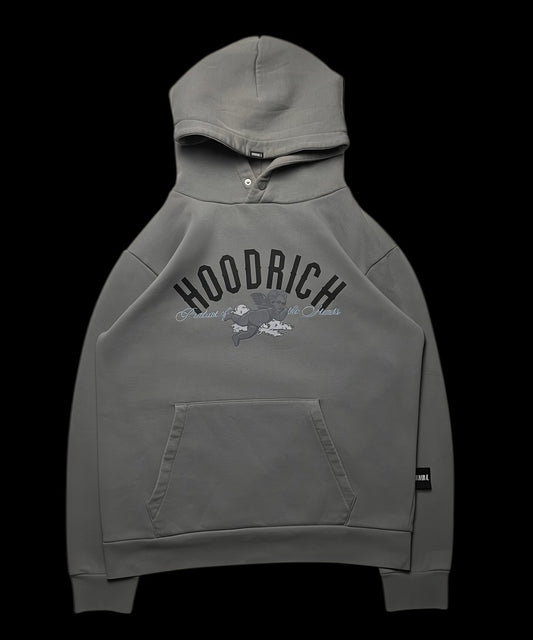 Moletom cinza da Hoodrich com estampa de anjo e nuvens, tamanho G, da garimpo do madruga.