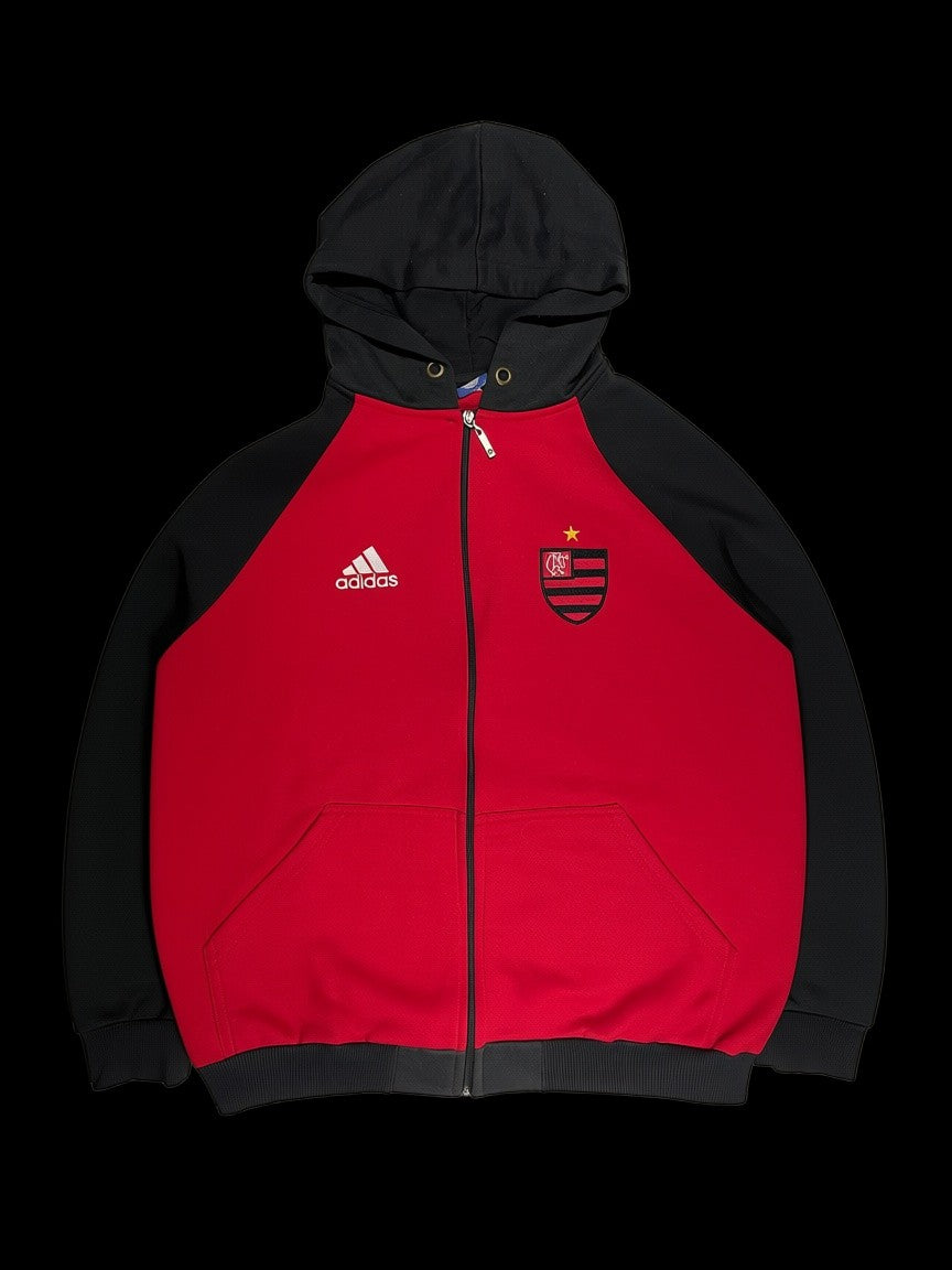 Moletom Flamengo x Adidas Botlag garimpo do madruga, vermelho e preto com capuz e zíper frontal, tamanho G.