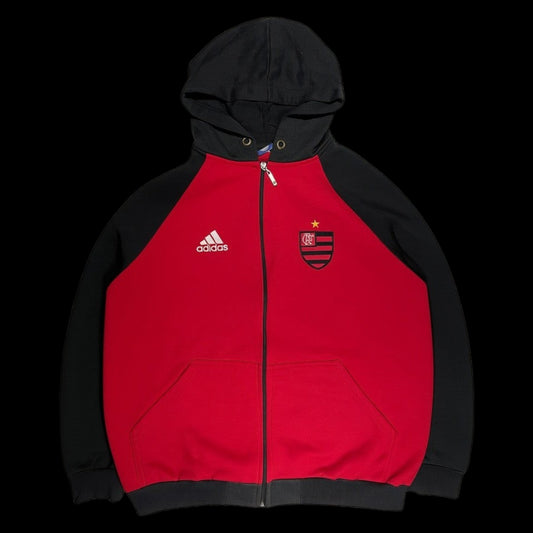 Moletom Flamengo x Adidas Botlag garimpo do madruga, vermelho e preto com capuz e zíper frontal, tamanho G.