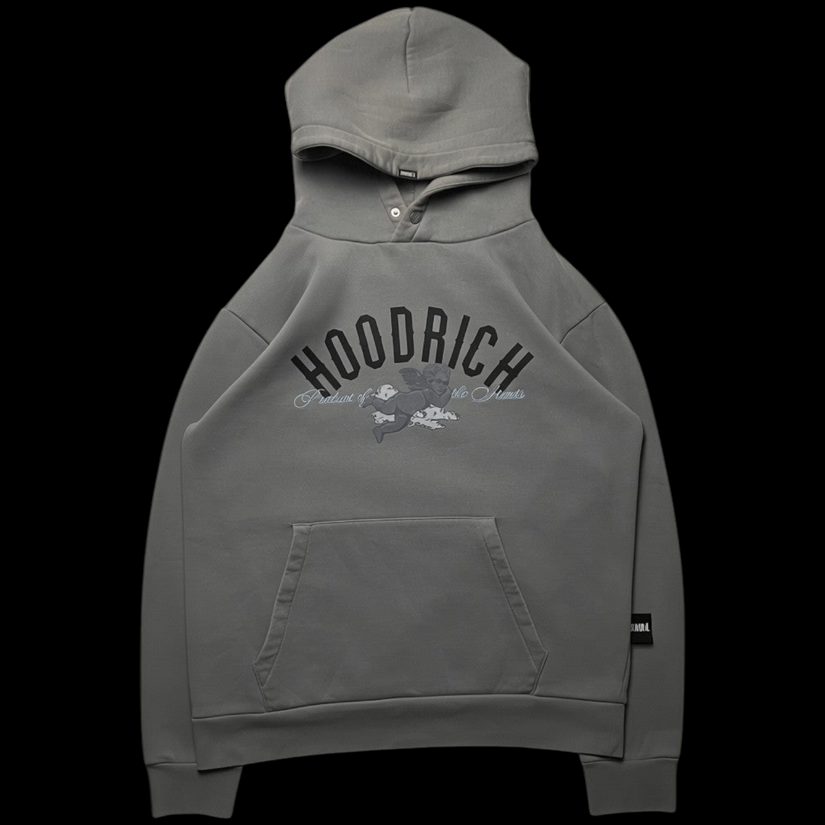 Moletom Hoodrich cinza com capuz e estampa frontal de anjo, disponível na garimpo do madruga, tamanho G.