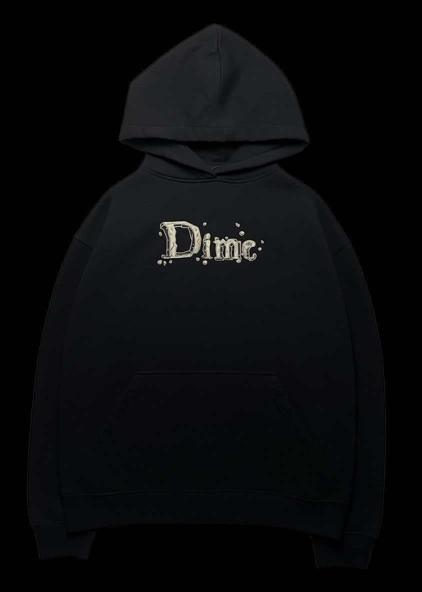 Moletom preto Dime com capuz e estampa frontal em relevo. Possui bolso canguru e punhos canelados.