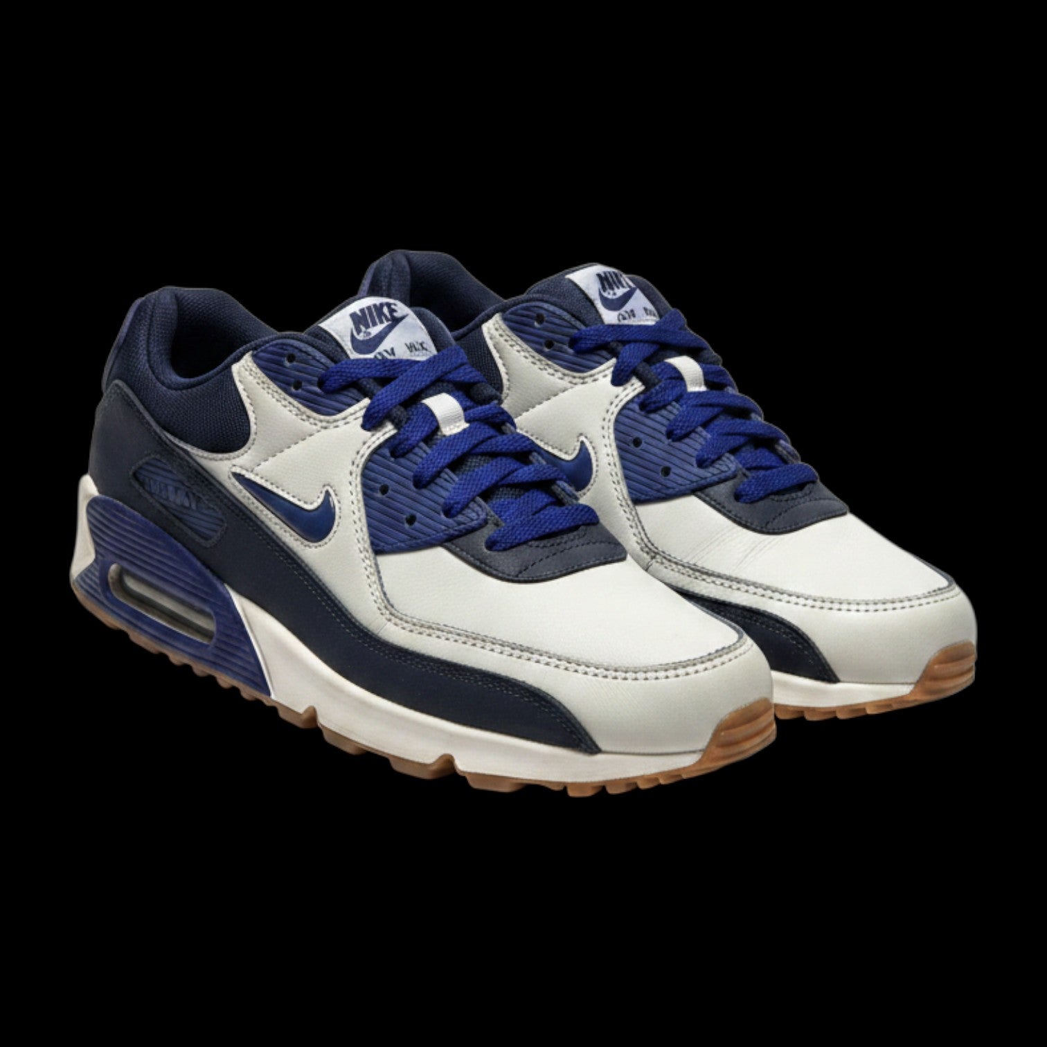 Tênis Nike Air Max 90 Premium Home & Away garimpo do madruga nas cores off-white e azul marinho com solado de borracha