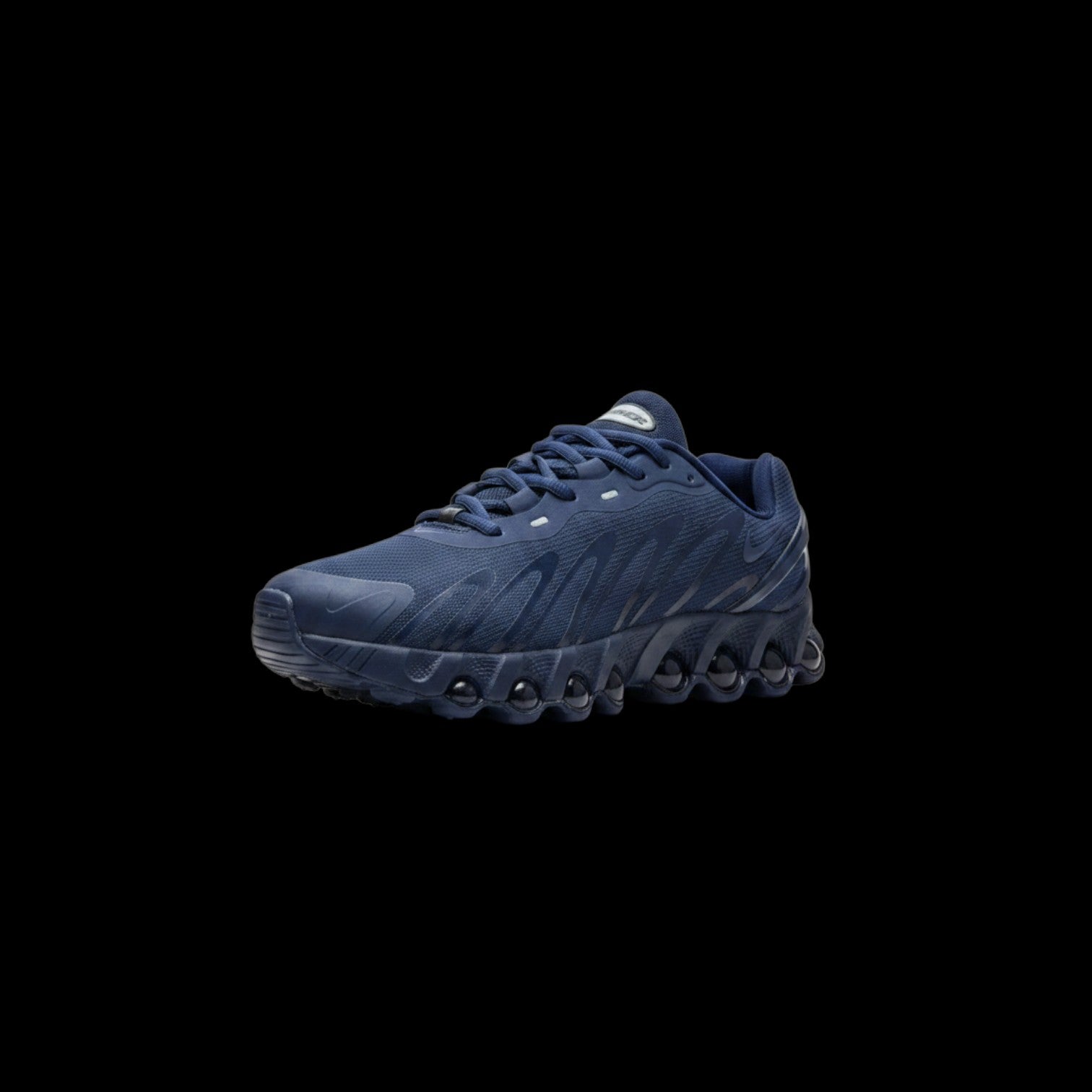 Tênis Nike Air Max Dn8 azul marinho com solado de bolhas e detalhes em cinza. Conforto e estilo para o dia a dia.
