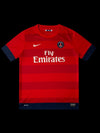 Camisa de futebol vermelha e azul Nike X PSG 2013, tamanho P, com logo Fly Emirates e número 10 Ibrahimovic.