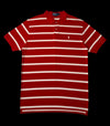 Camisa polo vermelha com listras brancas da Polo Ralph Lauren, tamanho G, com logo do pônei bordado no peito.