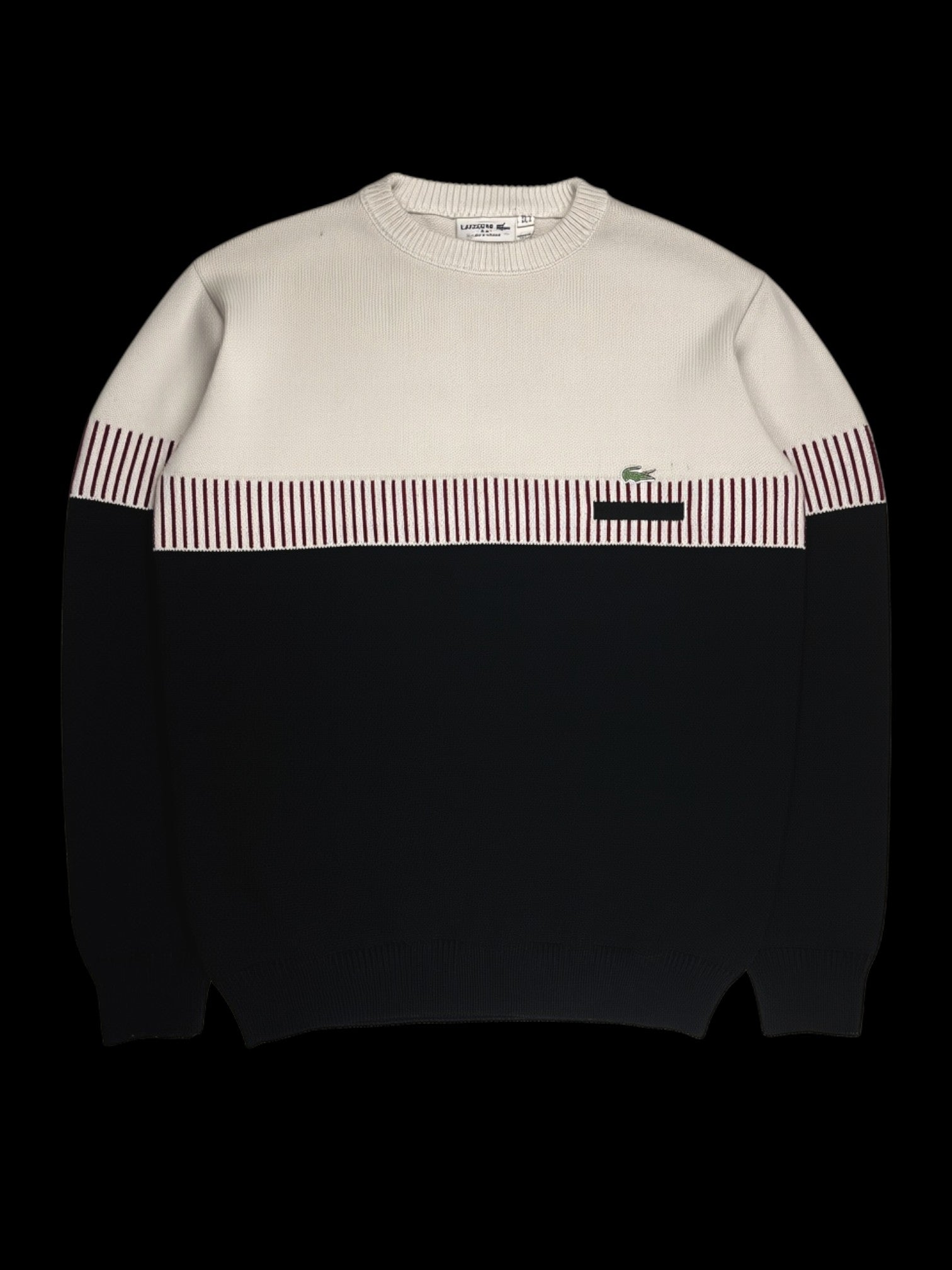 Suéter vintage garimpo do madruga Lacoste em tricot bege e preto com detalhe listrado e logo bordado