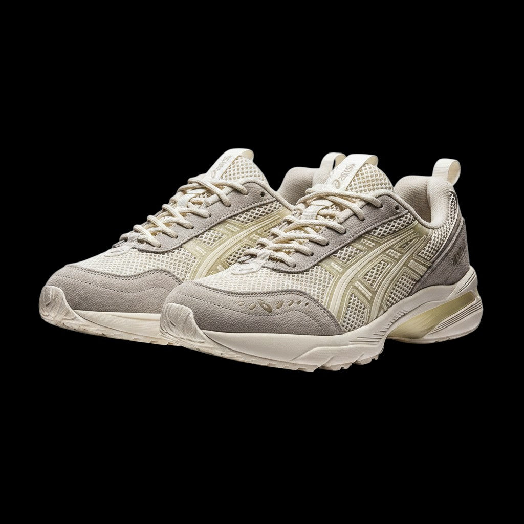 Tênis Asics Gel 1090 bege em mesh e camurça, modelo original disponível no garimpo do madruga, tamanho 39.5.